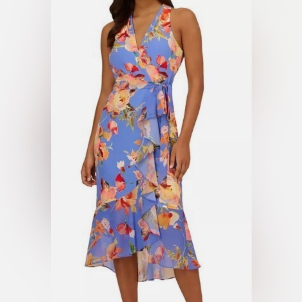 Adrianna Papell Blue Floral Ruffle Dress